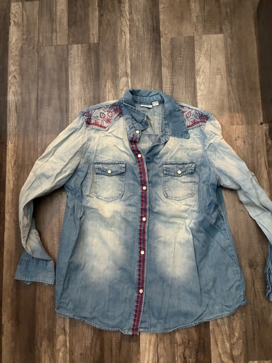 Cato Tops - Cato Light Blue Denim Button-Down Shirt with Red Embroidered Yoke